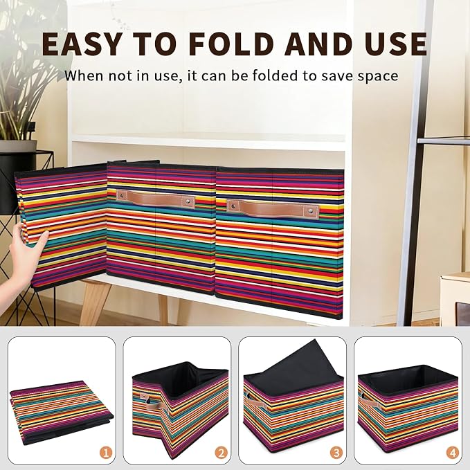 Mexican Closet Storage Bin, Foldable Storage Baskets for Shelves, Decorative Shelf Organizer Abstract Aztec Gradient Lines Fabric Cube Bin for Living Room Bedroom Home Dorm