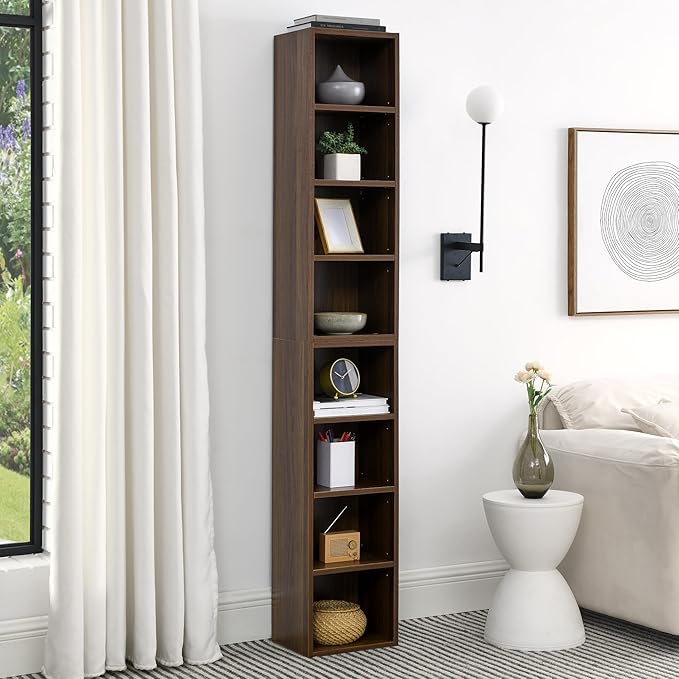 Sleek Walnut 8-Tier Media Tower Rack - Adjustable Slim Storage Cabinet, Tall Narrow Bookcase for Efficient Home Office Organization and Display!