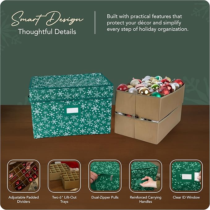 Covermates Keepsakes Adjustable Ornament Storage Box – Heavy-Duty Polyester, Padded Dividers & FlexGrid Trays – Protective Holiday Organizer with Stackable Walls & Label Window, Green Snowflake