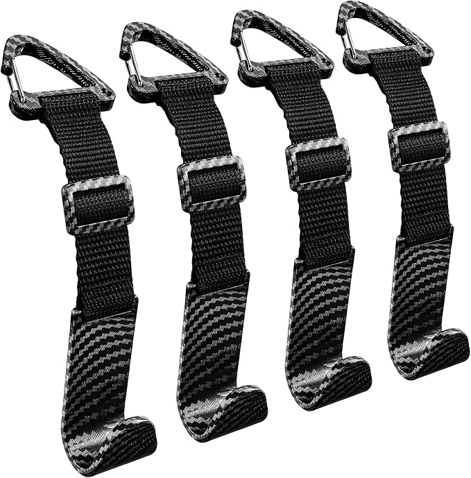 Amooca Headrest Hooks for Car Adjustable 4 Pack Vehicle Seat Back Organizer Storage Hanger Holder for Purse Bags Universal Fit with Clip Black Carbon Fiber