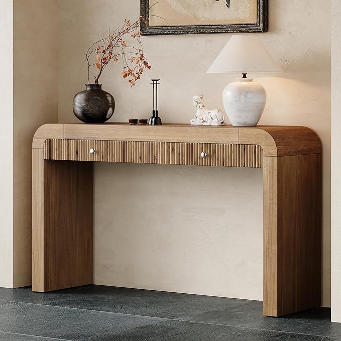 Farmhouse Modern Curved Entryway Console Table 54.3-Inch Sofa Entry Table Fluted Accent Tables with Storage Drawers for Living Room Hallway Furniture, Natural
