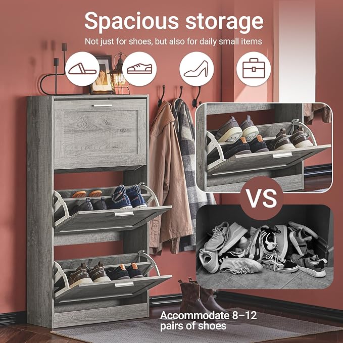 Haotian Shoe Storage Cabinet Entryway | Freestanding Shoe Cabinet with 3 Flip-Drawers Fully Enclosed Tall Shoe Rack Shoe Organizer, Grey, FSR137-L-HG