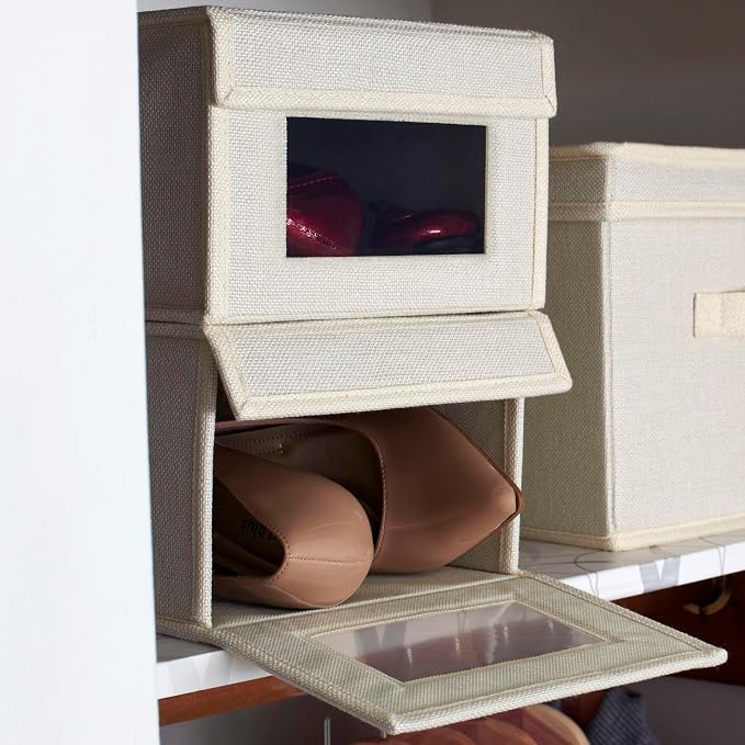 Household Essentials Small Drop Front Shoe Box with Clear Front Panel, Sturdy Poly‑Blended Linen, Cream Finish, Set of 2