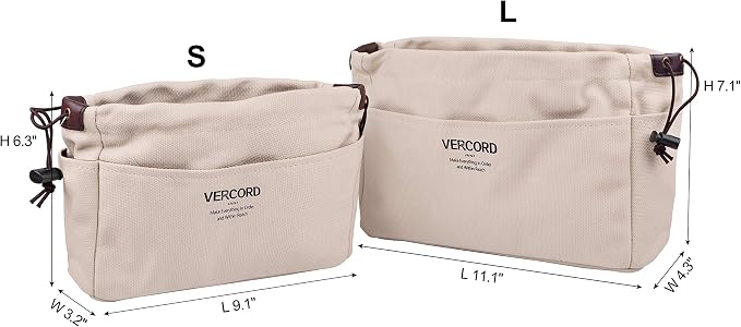 Vercord Canvas Handbag Organizers, Sturdy Purse Insert Organizer Bag in Bag, 10 Pockets Beige Small