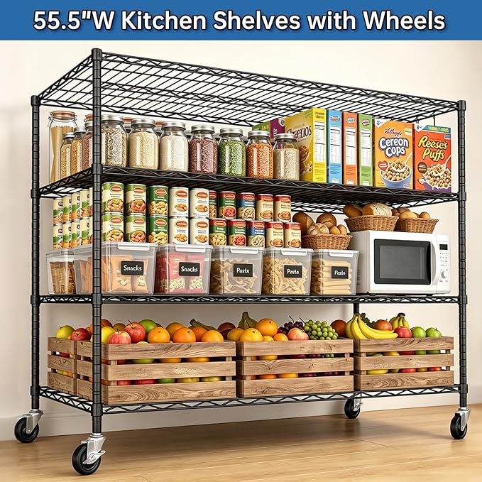 Heavy Duty Garage Shelving with Wheels: 55.5" W x 24" D x 81" H 4 Tier Wire Metal Storage Shelves, Adjustable NSF Commercial Shelf, Rolling Tote Rack Organizer for Pantry, Warehouse, Black