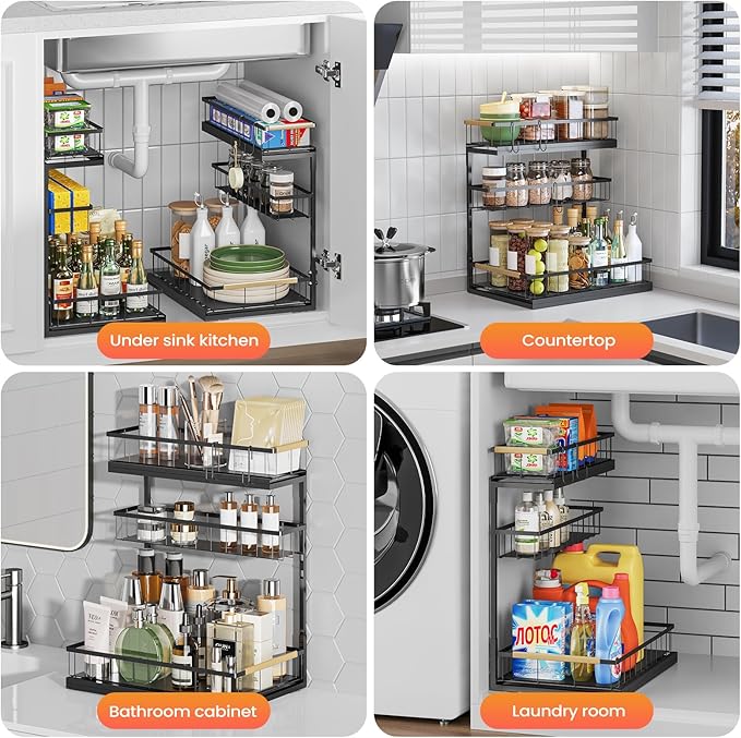 Under Sink Organizer and Storage for Bathroom and Kitchen - 2 Pack 3 Tier Under Cabinet Pull Out Shelf Organizers - Slide Out Drawer Organization for Home Cabinets Shelves and Drawers