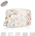 Quilted Small Makeup Bag, Multi Pockets Cosmetic Pouch, PJ Yellow | Floral Travel Makeup Pouch, Make Up Pouch for Women, Purse Organizer Pouches for Travel/ Gym/ Daily Use, Perfect Gifts