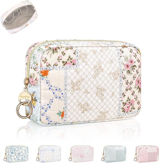 Quilted Small Makeup Bag, Multi Pockets Cosmetic Pouch, PJ Yellow | Floral Travel Makeup Pouch, Make Up Pouch for Women, Purse Organizer Pouches for Travel/ Gym/ Daily Use, Perfect Gifts