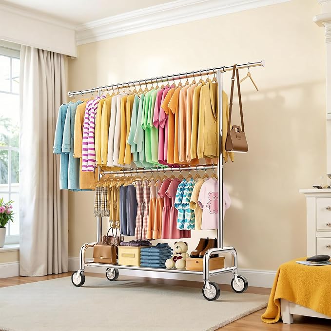 Heavy Duty Clothes Rack Load 860LBS, Double Rods Rolling Clothing Racks for Hanging Clothes, Rolling Garment Rack With Sturdy Wheels Shelves, Portable & Adjustable Commercial Garment Rack, Chrome