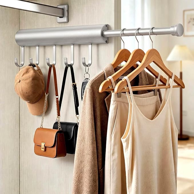 12 Inch Valet Rod for Closet Pull Out Heavy Duty Hidden Closet Valet Rod with 5 Hooks Retractable Slide Out Wardrobe Organizer Aluminum Valet Bar Silver 1 Pack