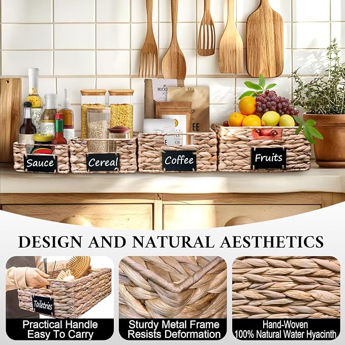 Set of 4 Sizes Hand-Woven Pantry Shelf Baskets, Hyacinth Storage Baskets with Chalkboard Labels & 2 Chalk Markers, Wicker Nestable Shelf Basket Set for Organizing Pantry Laundry Shelves