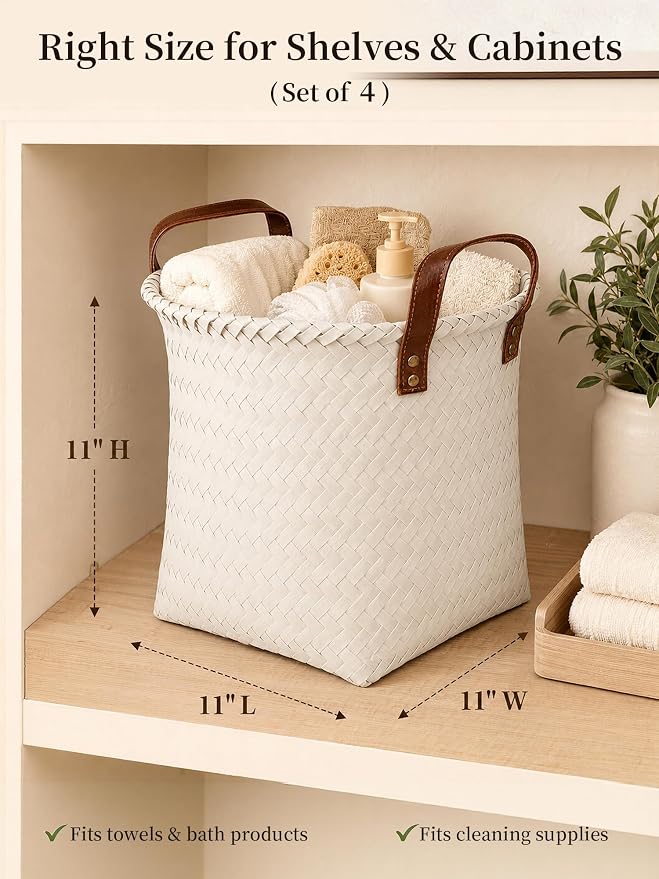 Hand Woven Baskets for Storage, 4Pcs Water-Resistant Wicker Baskets, White Wicker Storage Baskets for Shelves, Large Basket with Handle for Organizing, Closet, Laundry, Blanket - Round