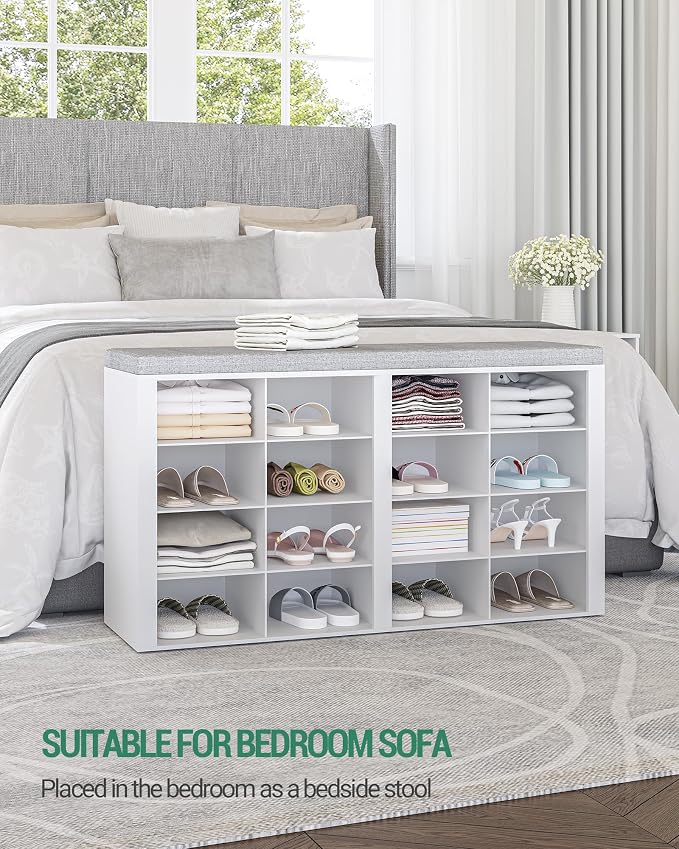 Hzuaneri Shoe Storage Bench, Entryway Shoe Rack with Cushion and Cubbies | entryway shoe rack bench cabinet with 16 cubbies and adjustable shelves for bedroom, living room, White SB25603GY