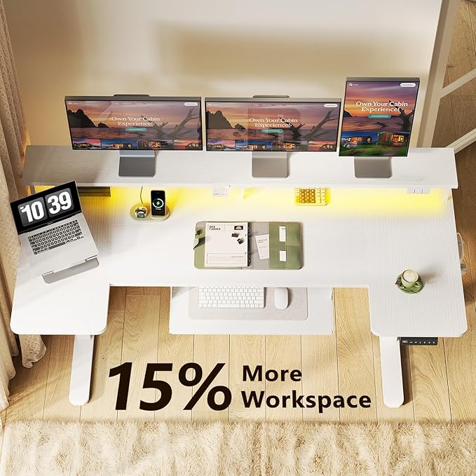 OffiGo 63 Inch U Shaped Electric Standing Desk with Keyboard Tray, White | 3 Outlets & 2 USB Ports, Dual-Monitor Stand, 10 Colors & 10 LED Modes, 3 Presets, 28.3"-46.5"in Range, 154 lb Capacity