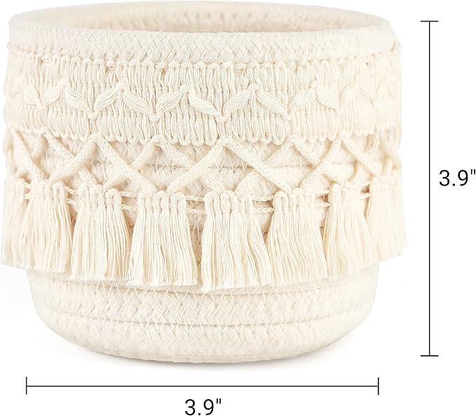 Mkono Macrame Makeup Brush Holder, Boho Mini Storage Basket Set of 2 Ivory | X-Small 3.9"W x 3.9"H, Decorative Basket, Comb Pens Tiny Succulents Holder, Bedroom Vanity Living Room Bathroom Dorm Office