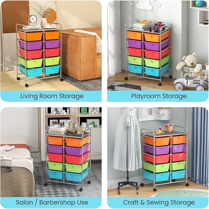 BECOMFORT 10-Drawer Rolling Cart with Drawers, Storage Cart on Wheels, Teacher Classroom Organizers with Metal Frame, Mobile Craft Cart, Trolley Utility Cart for School Office Play Room