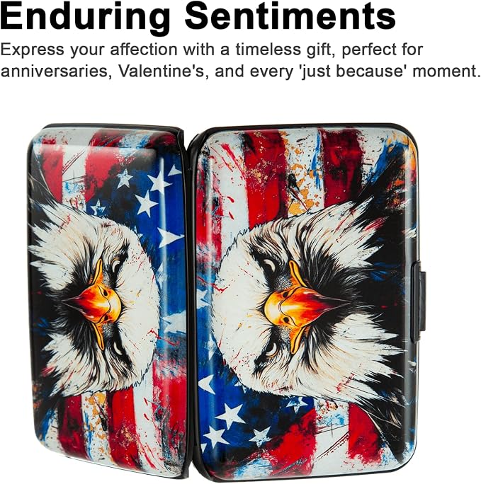 Credit Card Holder, Metal Card Wallet RFID Blocking Mini Slim Aluminum Business Hard Card Case for Women Men (Bald Eagle with American Flag)