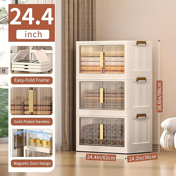 Storage Bins with Lids, 3 Tier 180 QT Stackable Plastic Storage Bins, Foldable Storages Boxes with Magnetic Doors and Wheels for Clothes, Snacks, Books, Folding Containers for Home Office