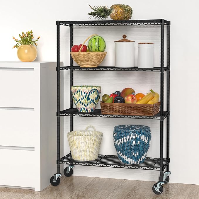 Folews 4-Tier Storage Shelving Unit with Wheels, Metal Rolling Storage Shelves NSF Adjustable Layer Steel Rack Shelf, Wire Shelving Storage for Kitchen Garage Pantry Office, Black (14D x 36W x 57H)