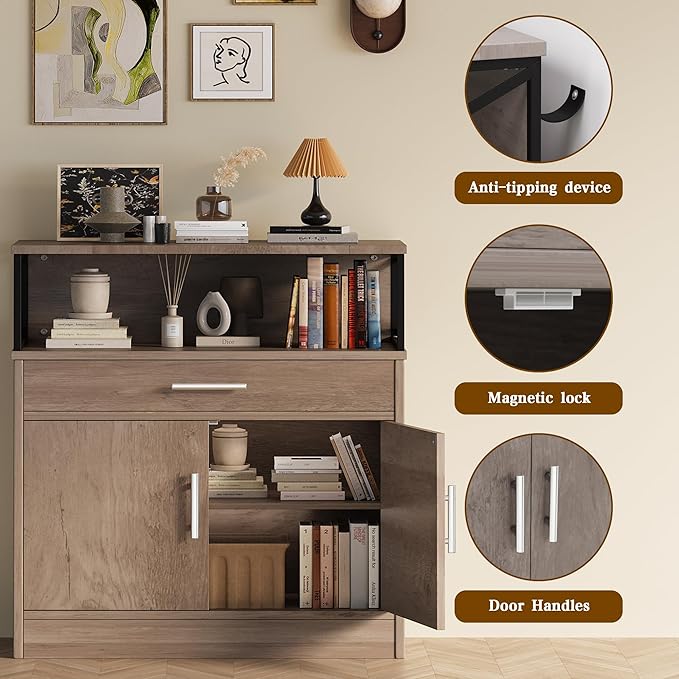Meilocar Buffet Cabinet, Coffee Bar Cabinet, Sideboard with Storage and Drawer, Farmhouse Storage Cabinets, Wooden Kitchen Cabinets for Living Room, Hallway, Ivory