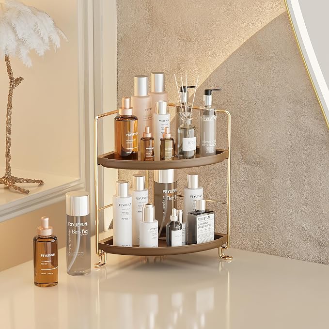 FSyueyun 2-Tier Corner Bathroom Counter Organizer (Gold & Brown) | Vanity Organizer and Storage for Countertop, Small Plastic Bathroom Trayp, Tool-Free Assembly Space Saving Corner Shelf