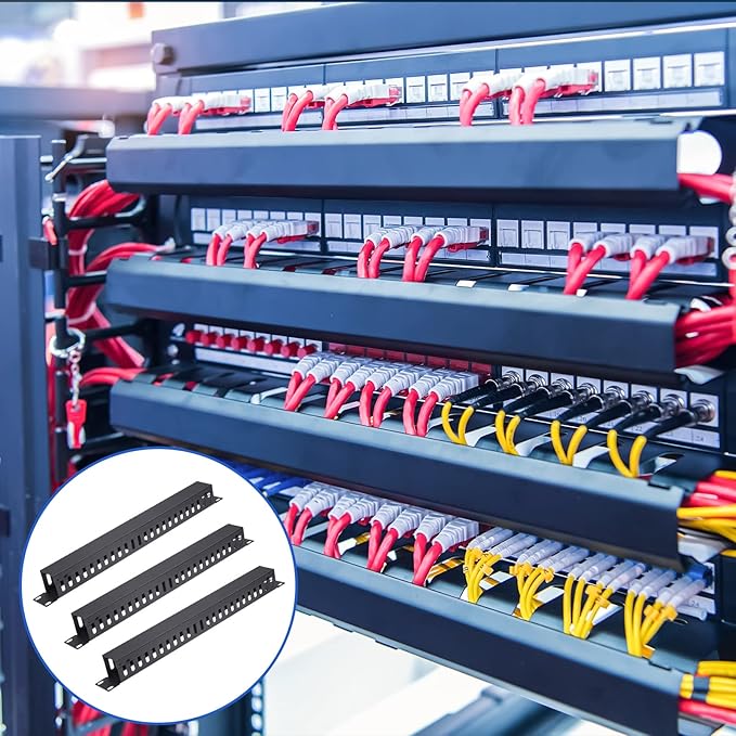 Leinuosen 4 Pcak 1U 19'' Cable Manager 24 Slot Horizontal Rack Mount Wire Management Server Rack Management Metal Finger Duct Wire Organizer with Cover and Mounting Screws for Network Cabinet