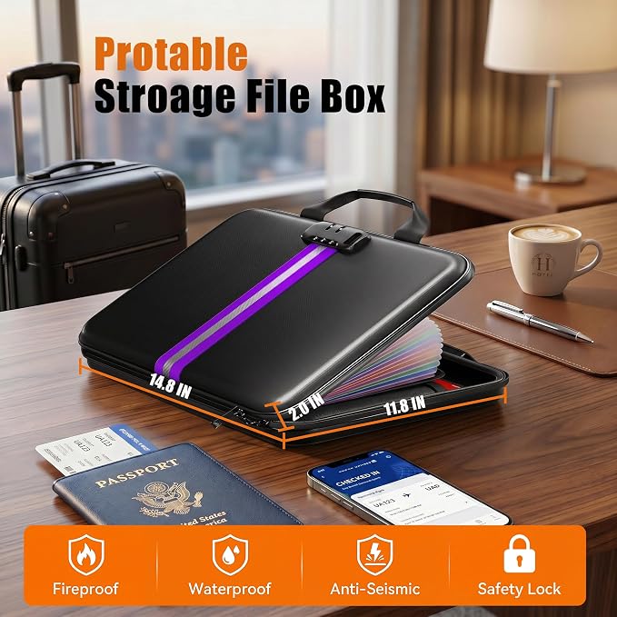Fireproof Document Organizer with Lock, Rigid EVA File Box with 13-Pocket Accordion Folder for Important Documents & Tablets under 11", Lightweight Safe Storage for Home, Office & Travel (Small Size)