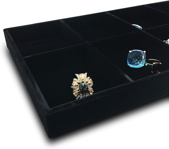 The Display Guys - Stackable Jewelry Tray and Organizer - for Drawers, Dressers, Store Display (8 Compartments, Black Velvet)
