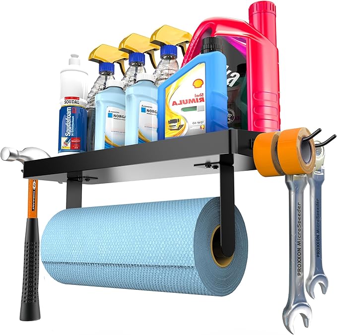 ZUNTO Wall Mounted Paper Towel Holder with Shelf for Garage, Drilling | Heavy Duty, Garage Organization and Storage with Side Hinging Hooks, Screw-in, Black Stainless Steel, Also Ideal for Kitchen