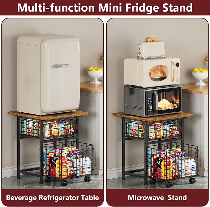 Mini Fridge Stand with Storage, Small Refrigerator Stand with 2 Drawers, Mini Fridge Shelf Cabinet-Max Load 350 LBS Heavy Microwave Stand Mini Fridge Cart for Dorm, Apartment, Kitchen, (Brown)