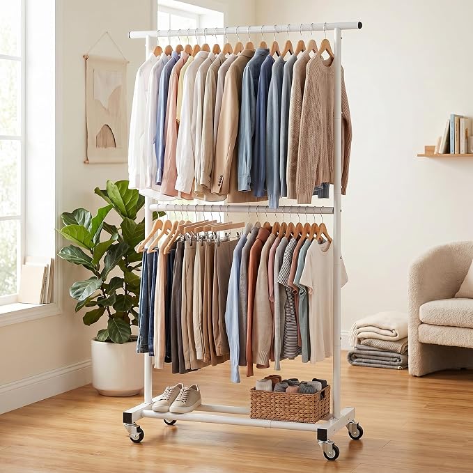 Sywhitta Double Rod Clothing Garment Rack, Rolling Clothes Organizer on Wheels for Hanging Clothes, Easy to Assemble, Adjustable, White