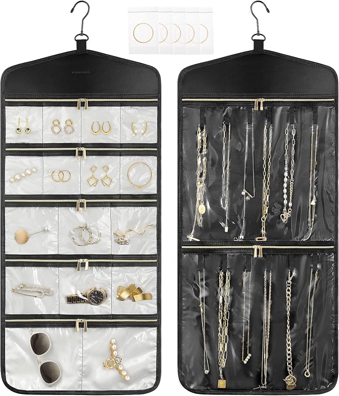 CHICECO Travel Jewelry Holder Organizer,Hanging Jewelry Organizer Storage With Zippered Pockets for Cloest,Wall,Door,Jewelry Holder for Earrings, Necklaces（Beige Black）