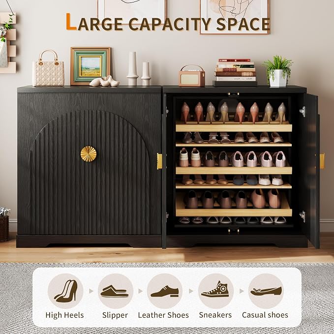 Vlsrka Rotating Shoe Storage Cabinet with Doors and 6 Tier Shelves, Black | Suitable for 18 Pairs Shoe Organizer, Freestanding, Pull Out Shoe Rack, Wooden Entryway Cabinet for Hallway, Closet, Indoor