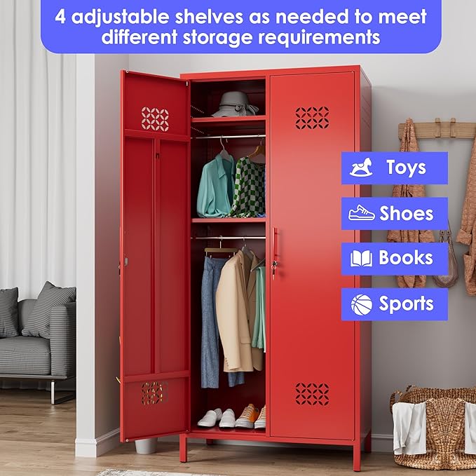 METAN 71" H*33.5" W*20" D Metal Wardrobe Closet with Lock,Extra Deep 2 Doors Metal Wardrobe Cabinet for Home,Assembly Required,Red