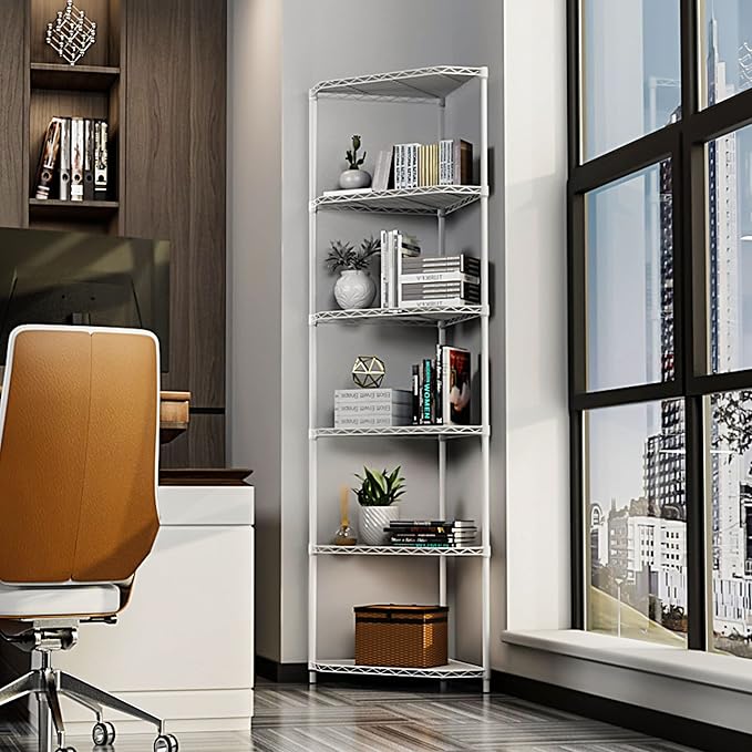 6 Tier NSF Metal Corner Shelf Wire Shelving Unit, 600lbs Capacity Heavy Duty Adjustable Pentagonal Storage Rack with Shelf Liners for Kitchen Garage Office Etc Room Corner, 72"H x 20"L x 20"D - White