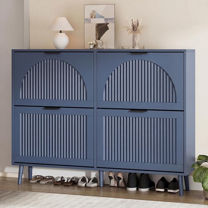 Shoe Storage Cabinet with 4 Flip Drawers, Narrow Wood Shoe Organizer Cabinet with Fluted Panel, Slim Shoe Rack for Entryway, Freestanding Shoe Cabinet for Living Room, Hallway, Blue