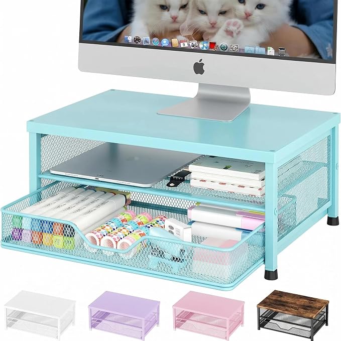 OPNICE Computer Monitor Stand Riser, Desk Organizer with Drawer, Printer & Laptop Stand, Office Desk Accessories & Workspace Desktop Organizers Storage for Office Supplies(Blue)