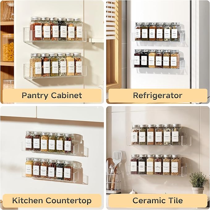 4-Tier Acrylic Wall Mount Spice Rack, Spice Organizer with 24 Glass Jars, 216 Labels & Funnel, Adhesive & Screw Mount Clear Spice Storage for Kitchen Pantry Cabinet, 12”W x 2.2”D x 2.4”H