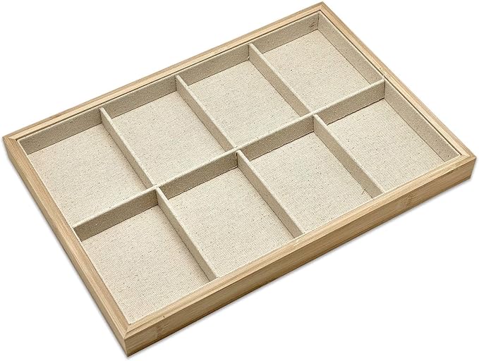 The Display Guys - Stackable Jewelry Tray and Organizer - for Drawers, Dressers, Store Display (8 Compartments, Bamboo Suede)
