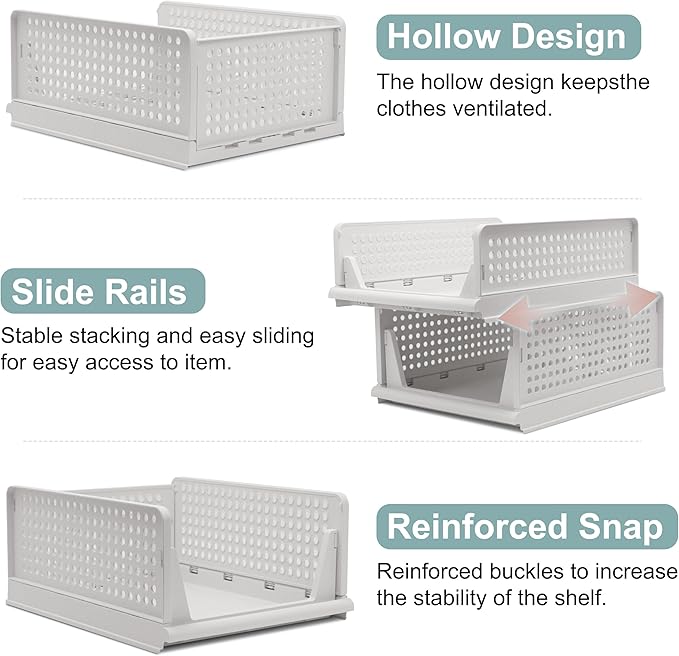Goderewild Stackable Foldable Storage Baskets, Folding Storage Bins, Closet Organizers and Plastic Drawer Shelf Storage Container for Wardrobe, Cupboard, Kitchen, Bathroom, Office (White, 4S)