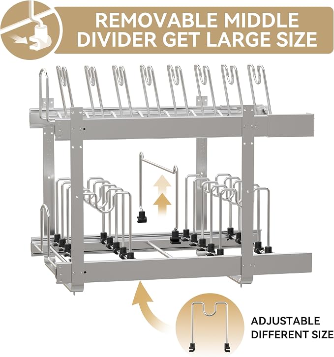 2-Tier Pots and Pans Organizer Under Cabinet Kitchen 15" W *22" D | Pull out Cabinet Organizer for Pots, Pans, and Lid Cookware, Adjustable Heavy Duty Wire Pan and Pot Rack, Full-Extension Rail