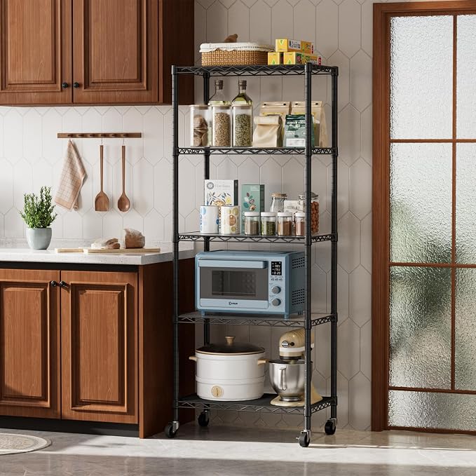 Golpart Shelves Storage Shelf Wire Closet Bathroom Organizers Metal Pantry | 5 tier Kitchen Garage Shelving Unit Laundry Room Organization Home Rack Net Basket Black with Wheels 14”D X 24”W X 61.2”H