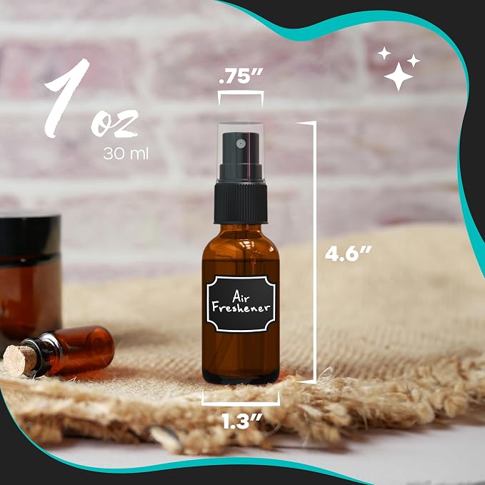 Nevlers Amber Glass Small Travel Spray Bottle 1 Oz Mini Mister 48 Pack Set | Small Glass Spray Bottle with Shrink Wrap, Funnel, Brush, Marker & Labels | Refillable Mini Spray Bottle for Hair & Perfume