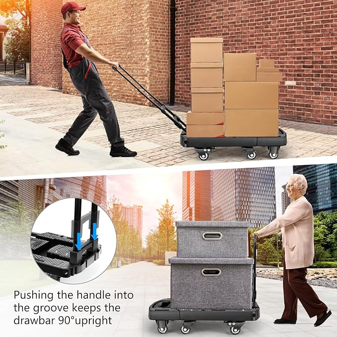 Voipvvii Folding Hand Truck 500lbs, Portable Heavy Duty Dolly Cart, 6 Wheels Collapsible Luggage Cart with 2 Elastic Ropes - Compact Trolley Cart for Easy Moving - Ideal Hand Cart for Travel and More