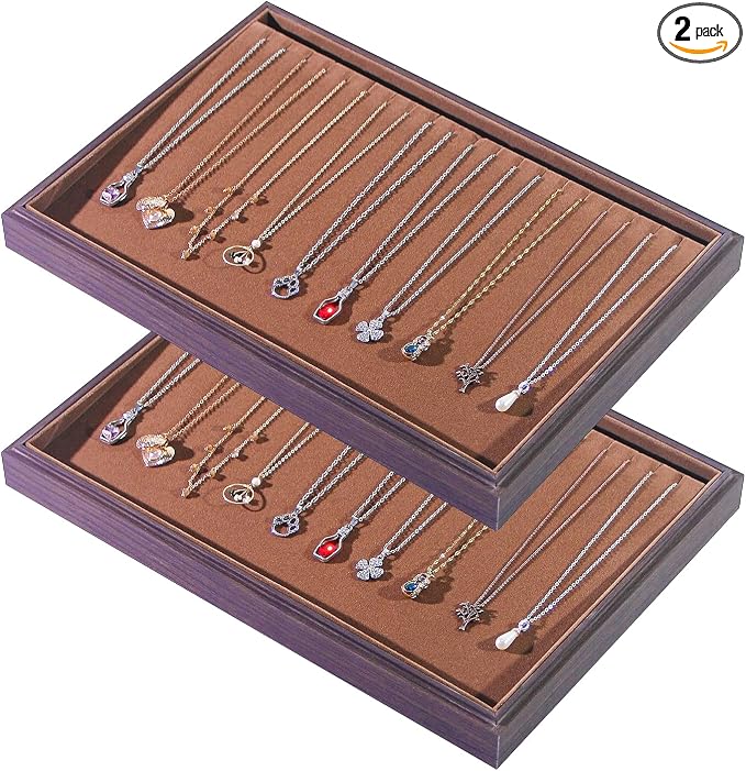 Wood Jewelry Organizer Tray, Necklace Holder (Brown, 2Pc, 20-Slot) | Stackable Jewelry Display, Necklace Display, Tangle-Free Necklace Stand, Pendant Organizer