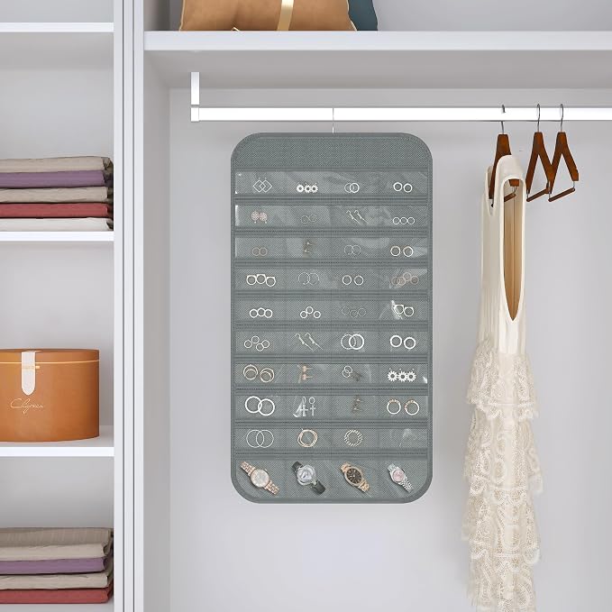 Double-Sided Hanging Jewelry Organizer for Necklaces Earrings, 1-Pack, Grey | Foldable 36 hooks & 40 clear pockets; swivel hook fits walls, doors & rods for earrings, bracelets, rings & small jewelry