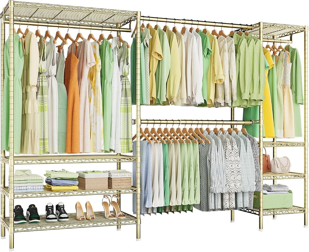 Ulif E11 Heavy-Duty Garment Rack, Metal Freestanding Clothes Rack and Closet Storage Organizer System with 8 Shelves and 4 Hanger Rods, (73.2-97.6)" W x 14.5" D x 71.2" H, Load 1034 LBS, Gold