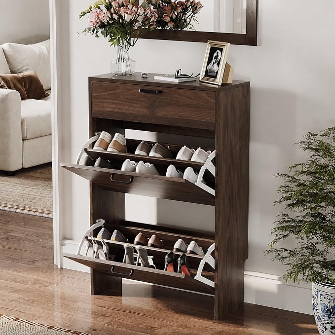 VINGLI Shoe Cabinet Storage for Entryway Ultra Slim with 2 Flip &1Drop-Down Drawers, 24.8" W Narrow Shoe Cabinet for Front Door Entrance,Freestanding Walnut Wood Shoes Organizer for Hallway