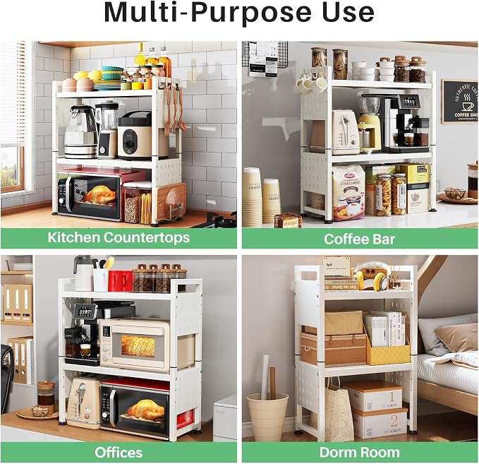 Microwave Stand, 3-Tier Expandable(17.4"-27.4") Microwave Oven Rack, Heavy Duty Adjustable Shelf with 9 hooks, Kitchen Organizer Storage Shelves for Pantry, Countertop, Coffee Bar, Office, Dorm, White