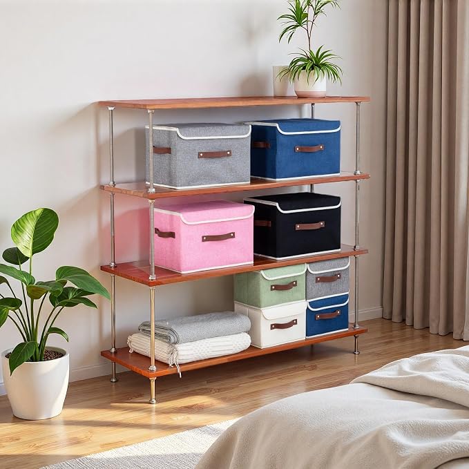 Collapsible Storage Boxes Baskets with Lid Cotton Linen Fabric Storage Bins with Faux Leather Handles Decorative Washable Cube Organizer Container for Home Closet Bedroom (Blue, Large Size)
